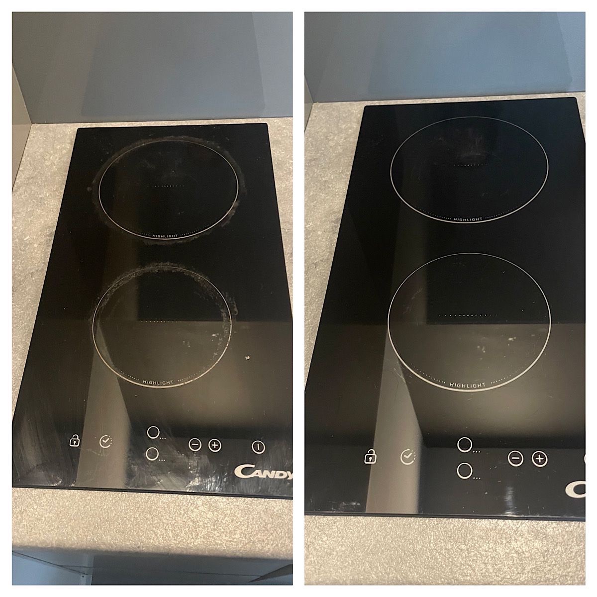 Porównanie płyty indukcyjnej Candy przed i po czyszczeniu, widoczne uporczywe zabrudzenia na lewym panelu i lśniąca powierzchnia po prawej stronie.