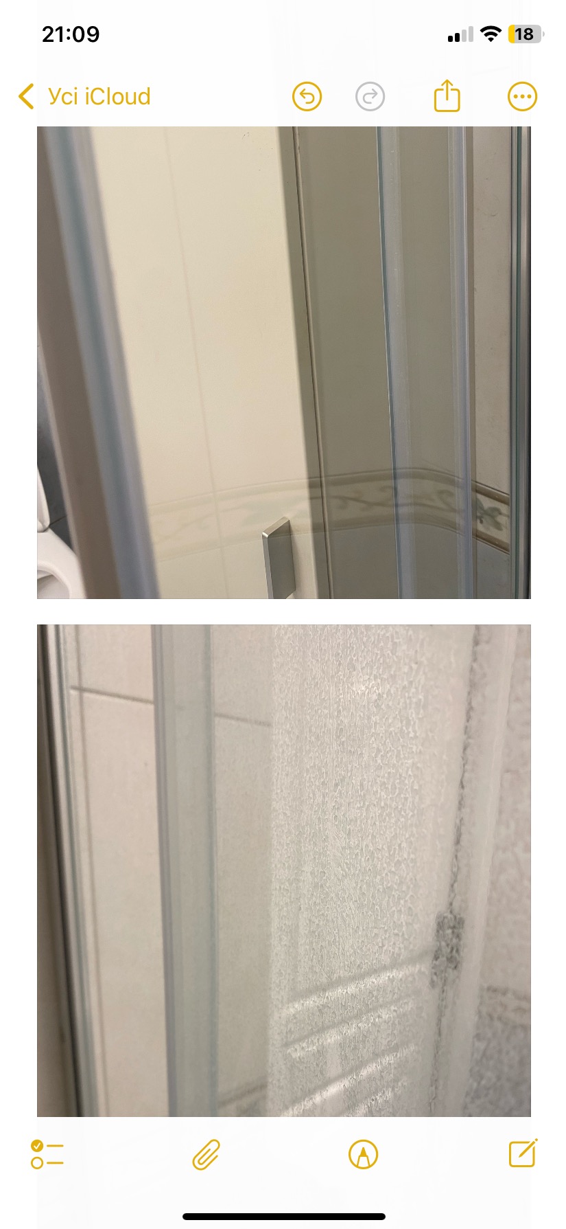 Kabina prysznicowa: górna część czysta, dolna pokryta osadem z mydła i kamienia, widoczne płytki ceramiczne.