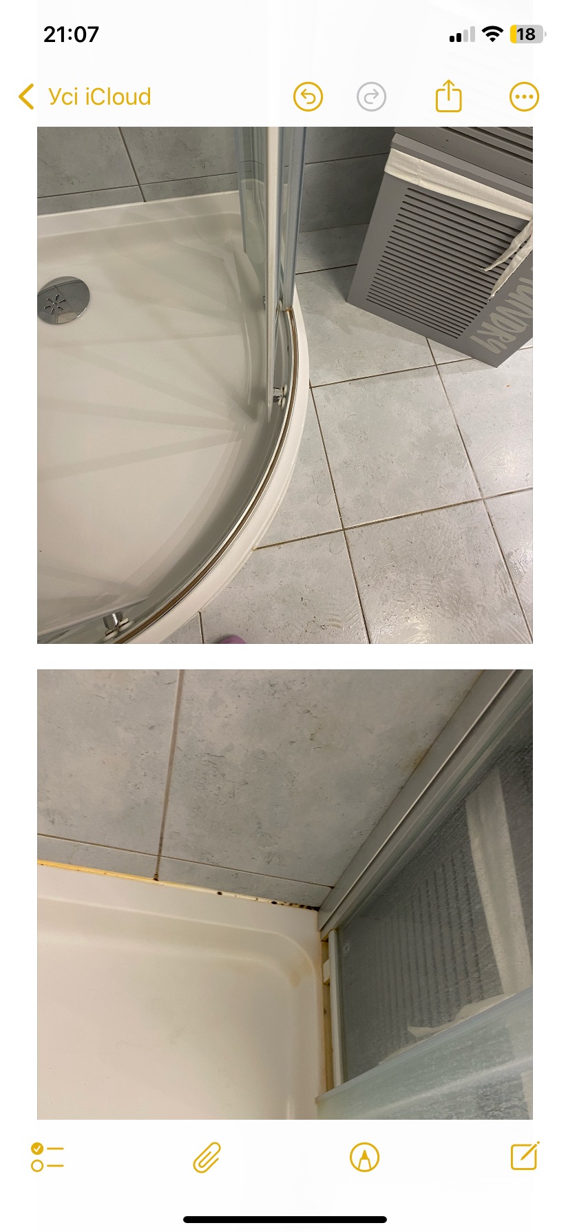 Brudna kabina prysznicowa z widocznym osadem i pleśnią na fugach i uszczelkach, obok kosz na pranie.