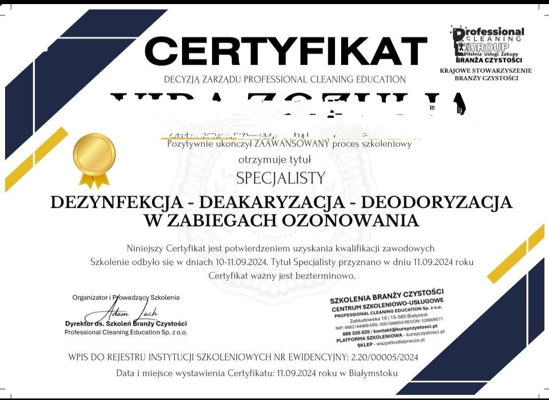 Skan certyfikatu ukończenia szkolenia 'Dezynfekcja - Deakaryzacja - Deodoryzacja w zabiegach ozonowania' wydanego przez Professional Cleaning Education.