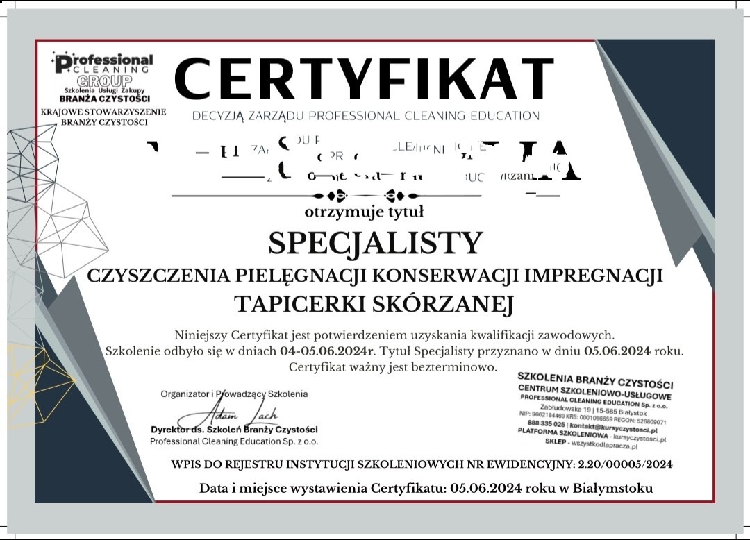 Certyfikat specjalisty czyszczenia, pielęgnacji, konserwacji i impregnacji tapicerki skórzanej, wystawiony przez Professional Cleaning Education Sp. z o.o.