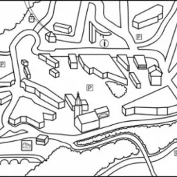 Schematyczny plan zagospodarowania przestrzennego z budynkami, drogami i zielenią, wykonany w czerni i bieli, ukazujący topografię terenu.