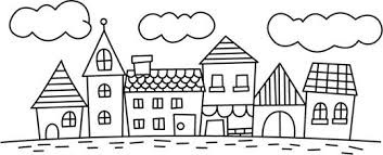 Rysunek konturowy przedstawiający rząd domów o różnej architekturze pod chmurami, idealny do kolorowania lub jako schemat urbanistyczny.