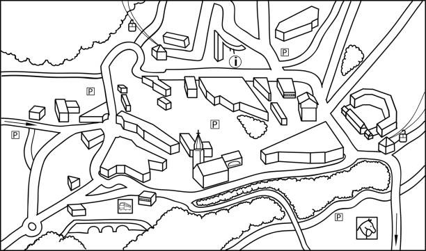 Schematyczny plan zagospodarowania przestrzennego z budynkami, drogami i zielenią, wykonany w czerni i bieli, ukazujący topografię terenu.