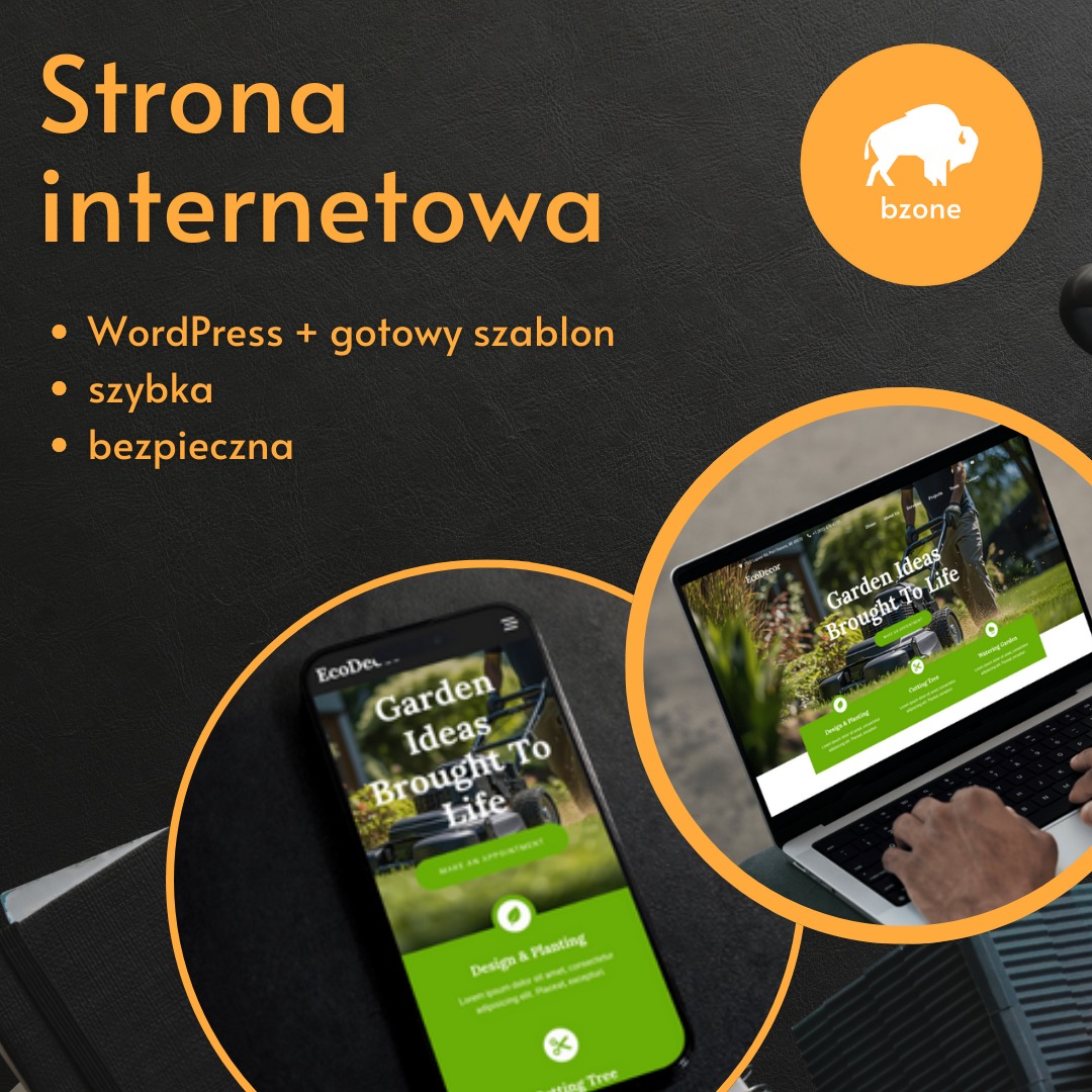 Ekran laptopa i smartfona wyświetlające identyczną stronę internetową o tematyce ogrodniczej, z tekstem 'Garden Ideas Brought To Life', na ciemnym tle z logo firmy 'bzone' w prawym górnym rogu.