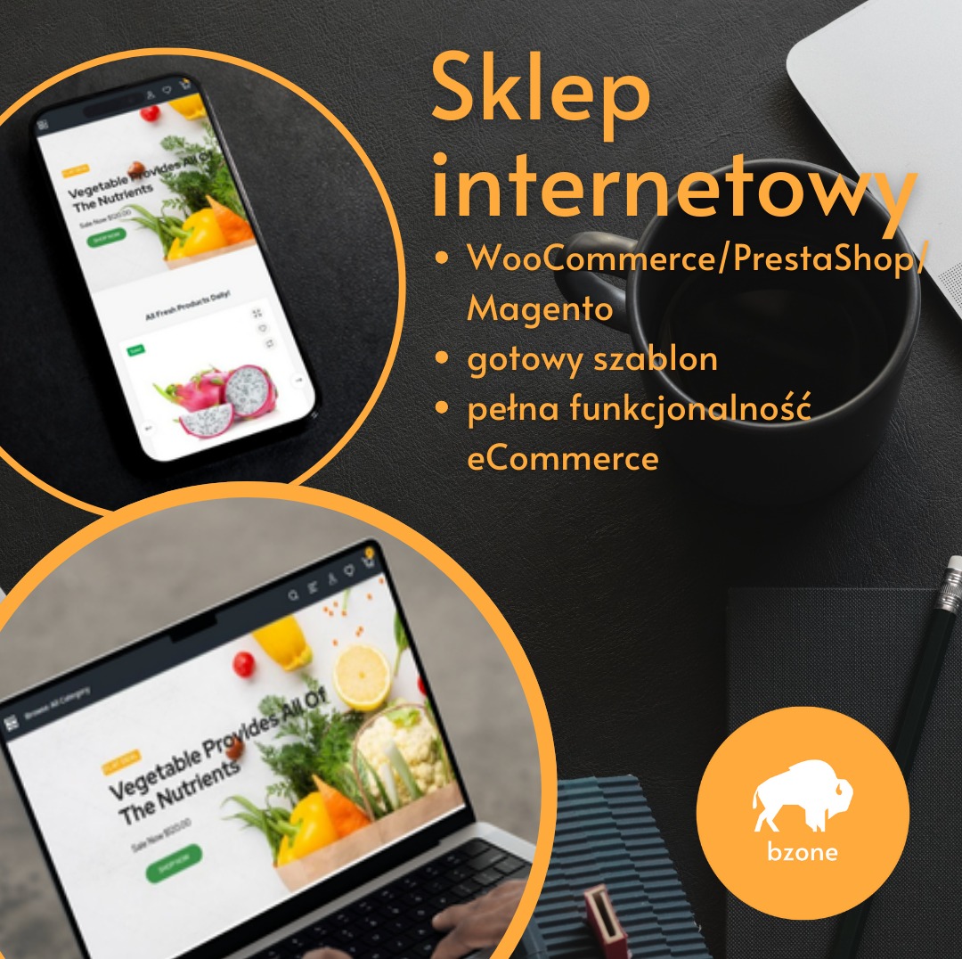 Ekran laptopa i smartfona prezentujące interfejs sklepu internetowego z warzywami i owocami, obok czarny kubek, notatnik i ołówek oraz logo 'bzone' na pomarańczowym tle.