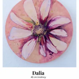 Ręcznie malowany akrylem na płótnie obraz w kształcie koła o średnicy 40 cm, przedstawiający kwiat dalii z jasnoróżowymi płatkami i fioletowym środkiem.