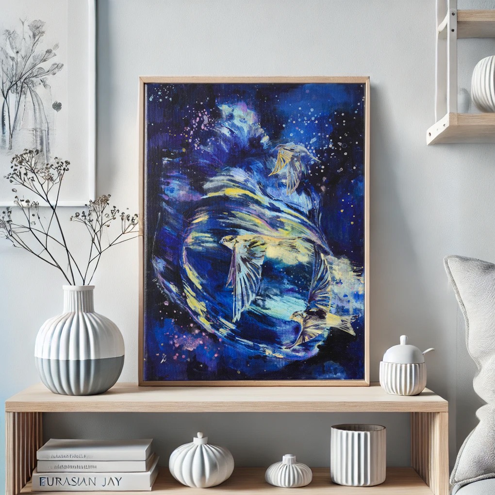 Piękny, niewielki obraz ukończmy w technice kolażu i akrylu. 30x40 cm