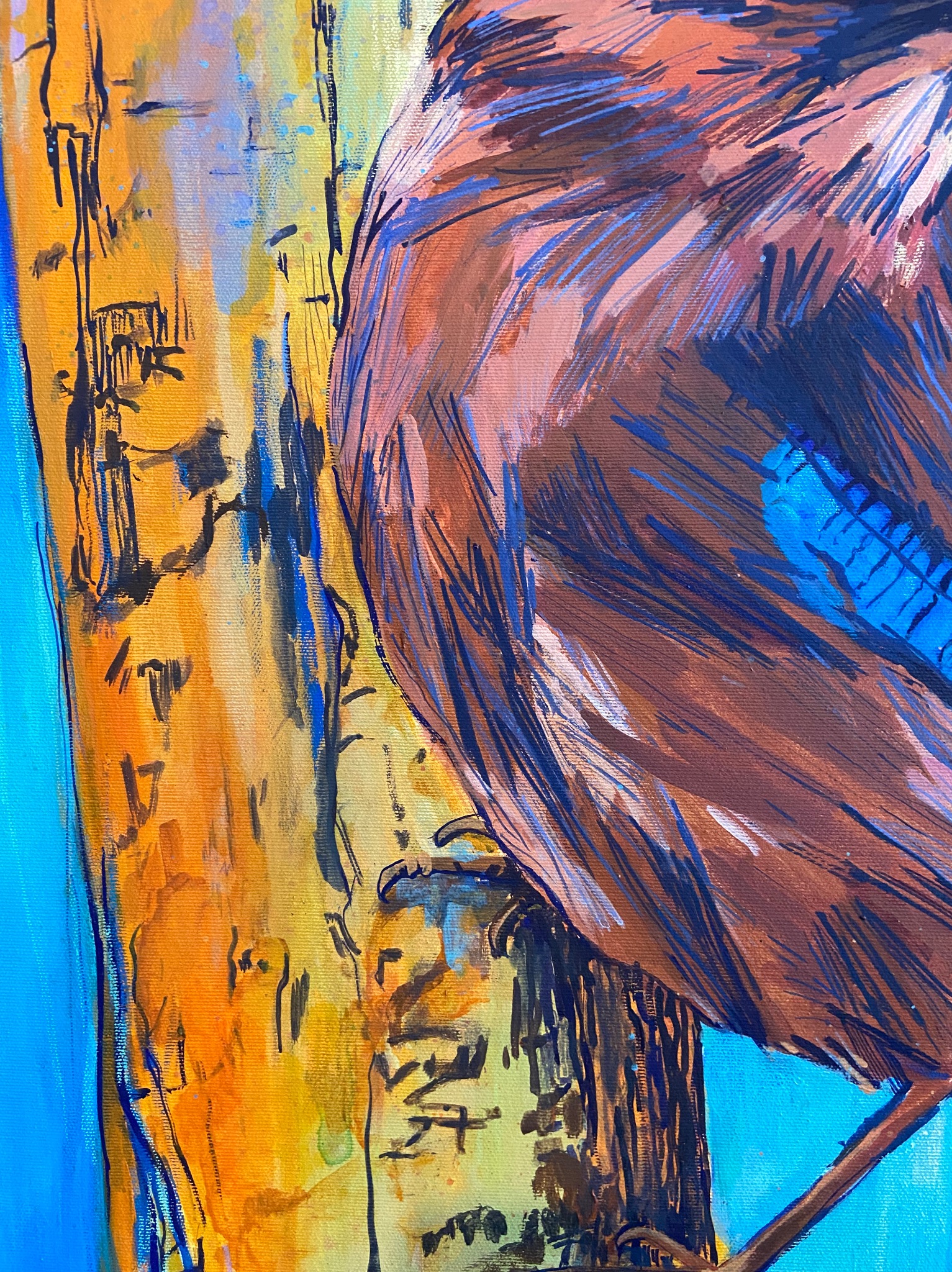 Fragment obrazu akrylowego przedstawiającego sójkę siedzącą na gałęzi, z wyraźnymi pociągnięciami pędzla w odcieniach brązu, błękitu, pomarańczy i żółci na płótnie o widocznej fakturze.