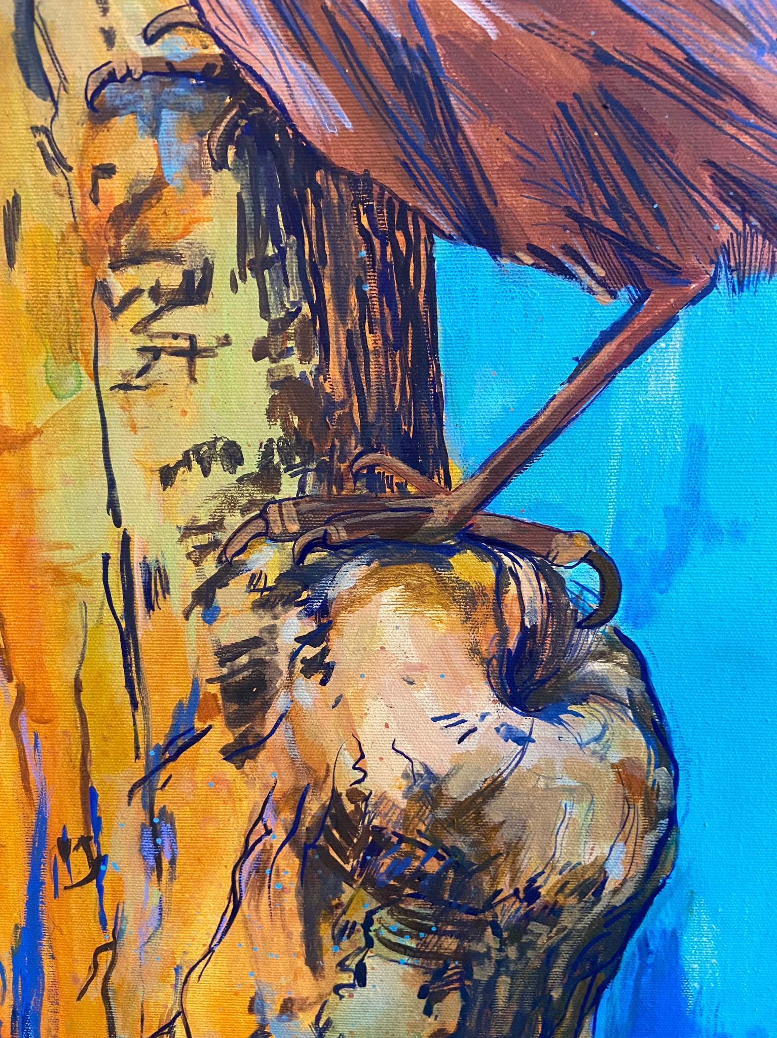 Fragment obrazu olejnego przedstawiającego ptaka siedzącego na gałęzi na tle błękitnego nieba, widoczne detale upierzenia i faktura płótna.