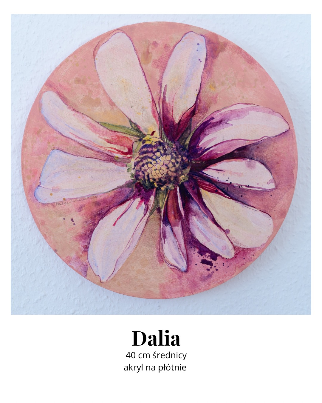Ręcznie malowany akrylem na płótnie obraz w kształcie koła o średnicy 40 cm, przedstawiający kwiat dalii z jasnoróżowymi płatkami i fioletowym środkiem.