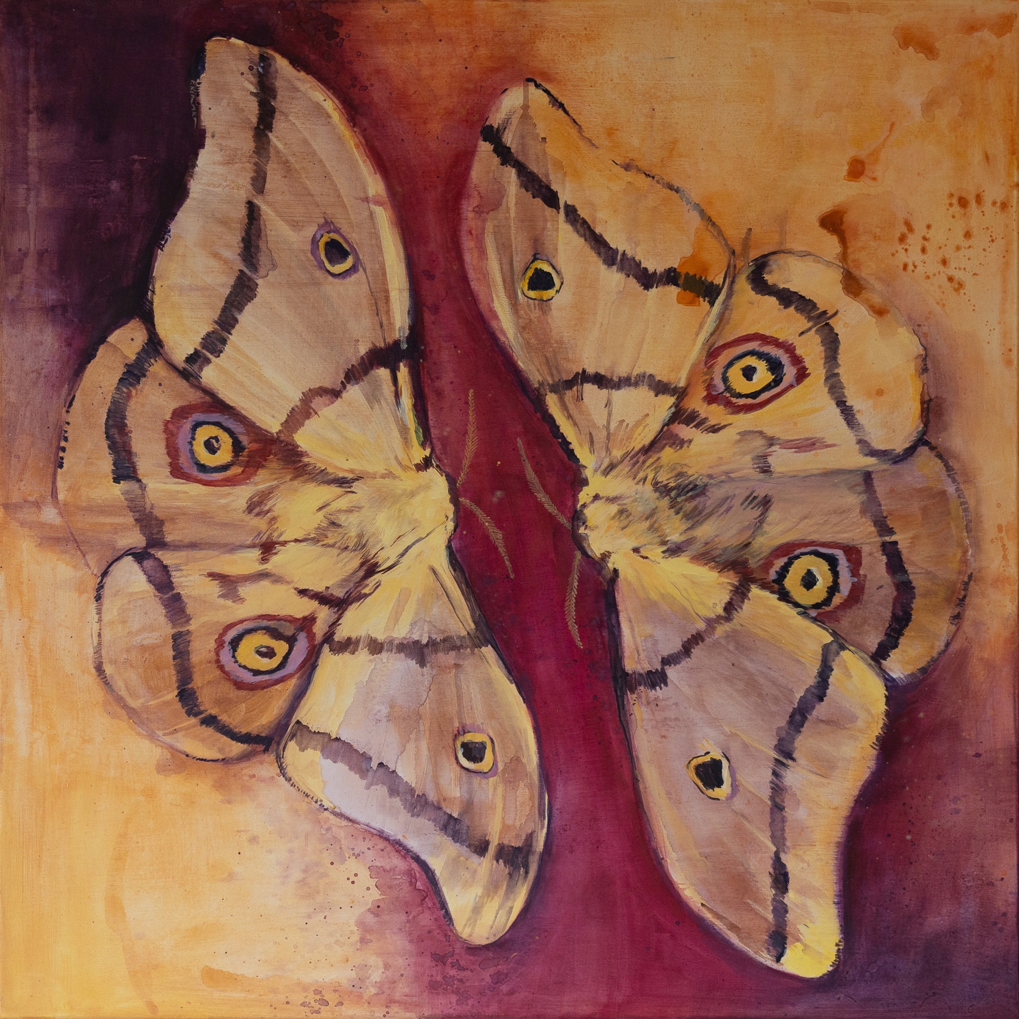 Akwarela przedstawia zbliżenie dwóch skrzydeł motyla pawicy grabówki na rozmytym, ciepłym tle. Widoczne detale wzorów i kolorów skrzydeł, odcienie brązu, beżu i żółci.