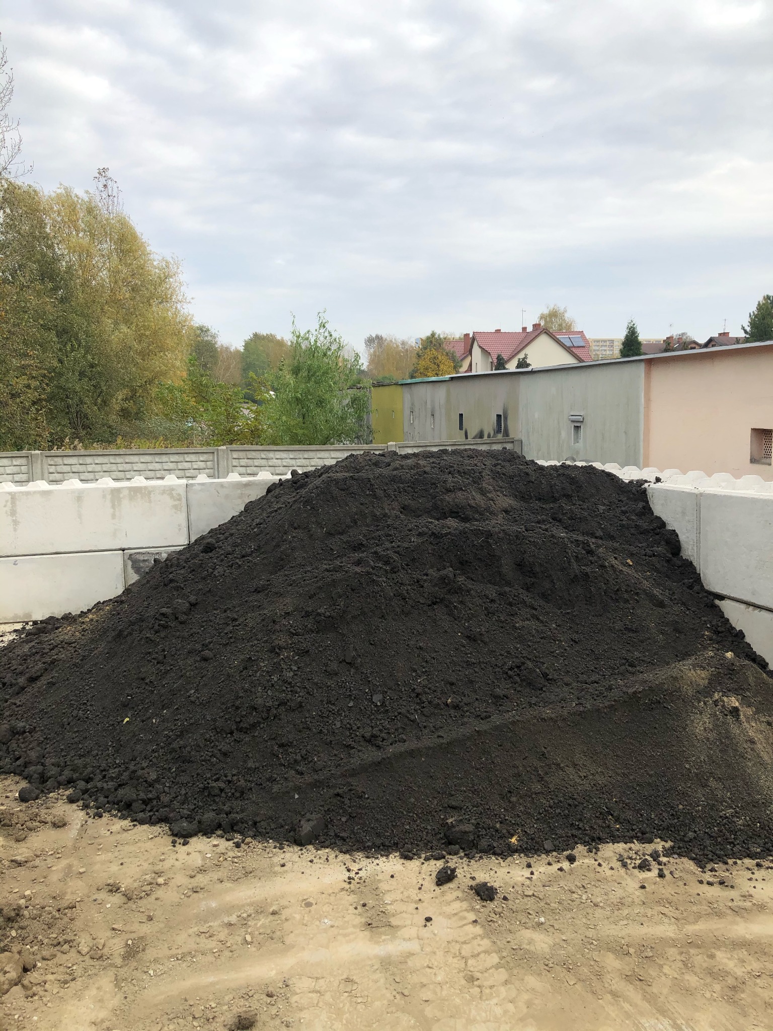 Kopuła ciemnej ziemi ogrodowej w betonowych obramowaniach, budynki w tle, pochmurne niebo.