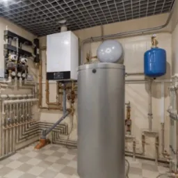 Kompaktowa kotłownia z białym kotłem gazowym, dużym srebrnym zasobnikiem ciepłej wody i niebieskim zbiornikiem wyrównawczym, widoczne liczne rury miedziane i zawory, całość w pomieszczeniu...