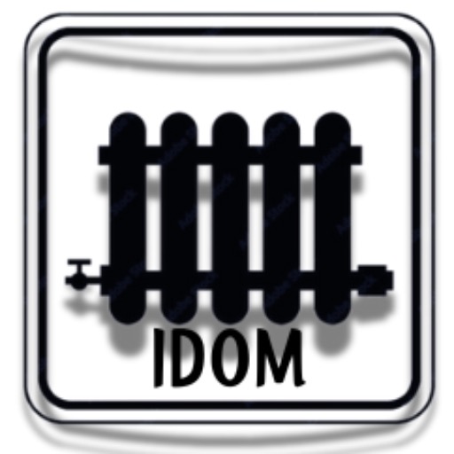 Czarny, graficzny symbol żeliwnego grzejnika z kurkiem, umieszczony na białym tle w zaokrąglonej ramce z napisem 'IDOM' poniżej.