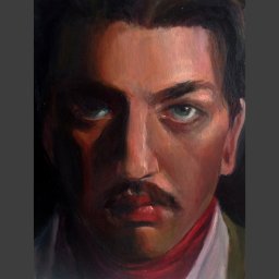 Małgorzata Łoś - Olejny portret młodego mężczyzny z wąsami, z intensywnym spojrzeniem niebieskich oczu, namalowany w ciemnej tonacji z czerwonym akcentem szalika.