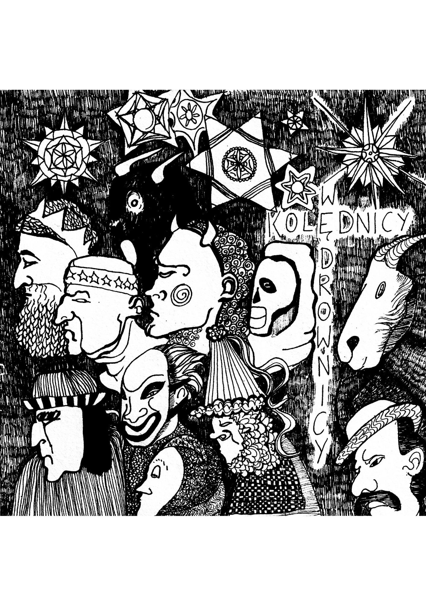 Czarno-biały rysunek tuszem przedstawiający grupę postaci kolędniczych, w tym gwiazdy, kozę, śmierć i osoby w maskach, z napisem 'Kolędnicy' w tle.
