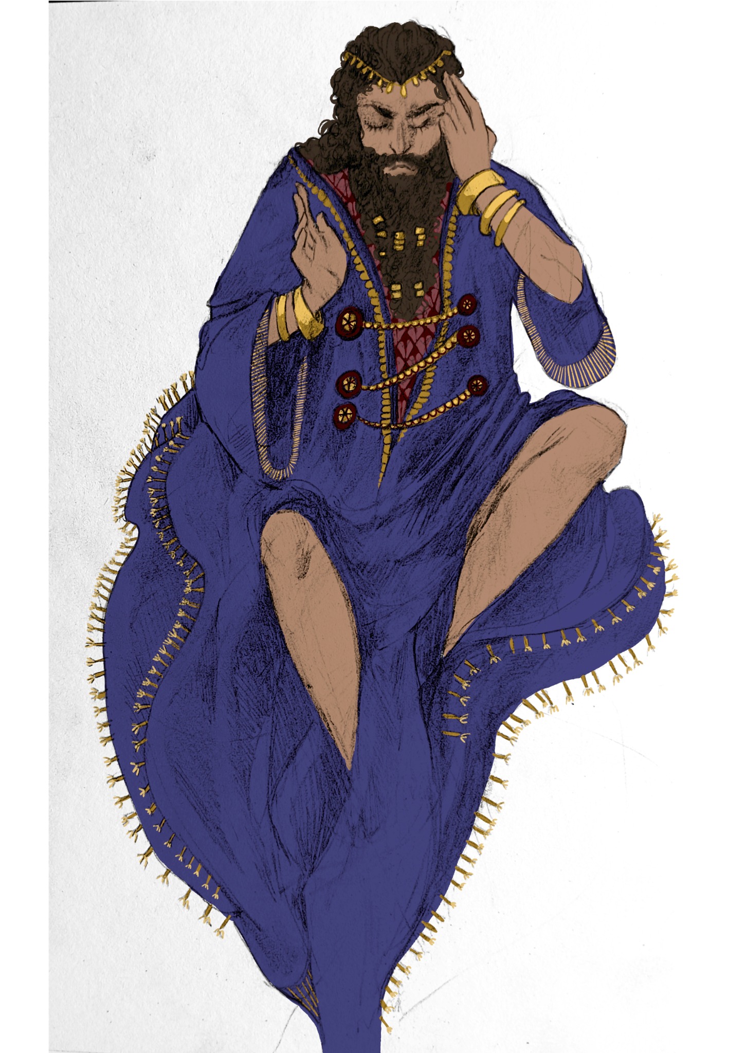 Ilustracja przedstawia brodatego mężczyznę w bogato zdobionym, fioletowym stroju, siedzącego w pozycji medytacyjnej z zamkniętymi oczami i ręką na czole. Złote bransolety, naszyjniki i zdobienia...