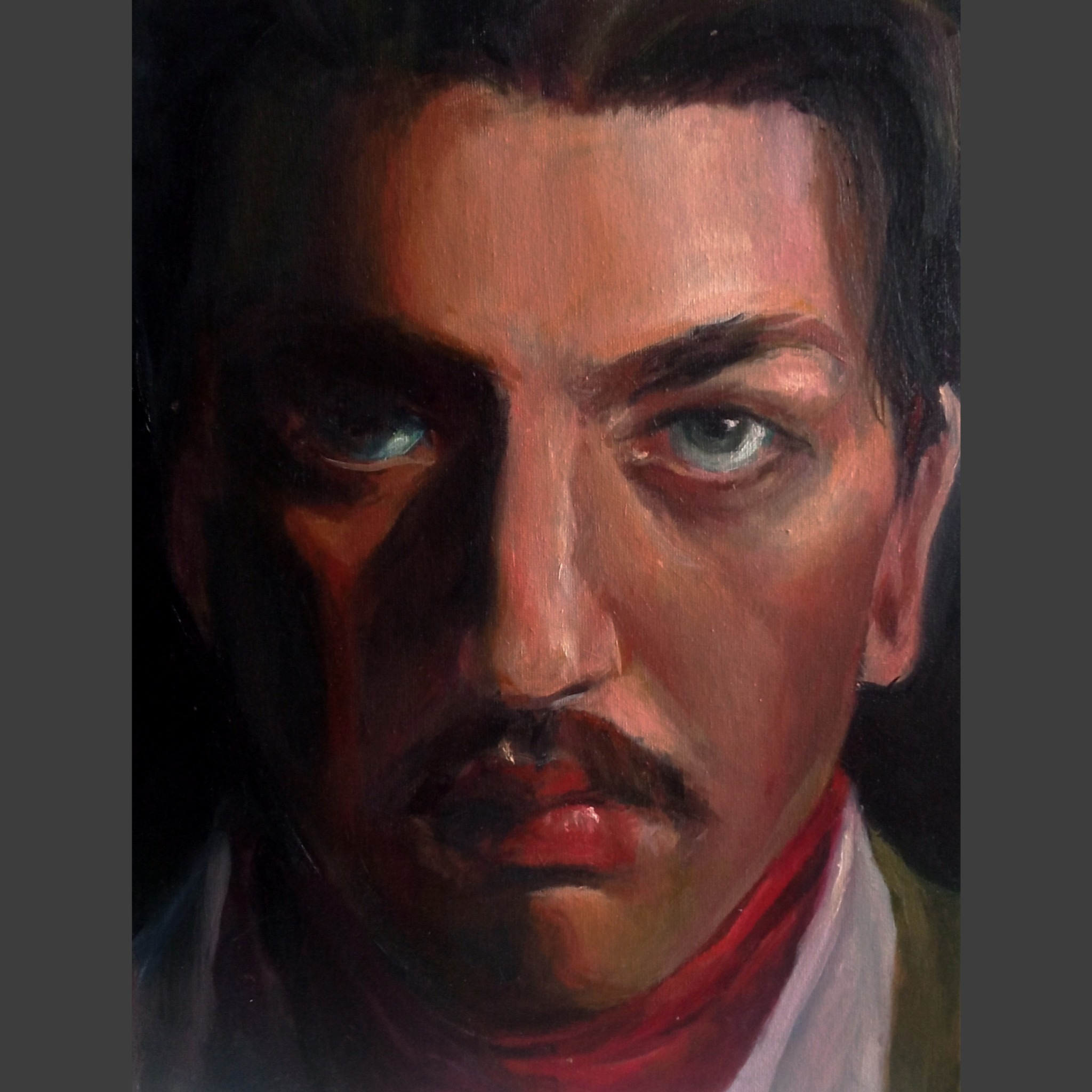 Olejny portret młodego mężczyzny z wąsami, z intensywnym spojrzeniem niebieskich oczu, namalowany w ciemnej tonacji z czerwonym akcentem szalika.