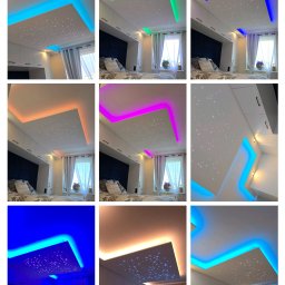 IvanTech - Dekoracyjny sufit podwieszany z oświetleniem LED w różnych kolorach i efektem gwiazd w pokoju. Nowoczesne wykończenie wnętrza sypialni.