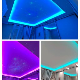 IvanTech - Podwieszany sufit z oświetleniem LED imitującym gwiazdy, w pokoju dziecięcym. Różne barwy światła: niebieska, fioletowa i turkusowa. Widoczne zasłony i szafa.