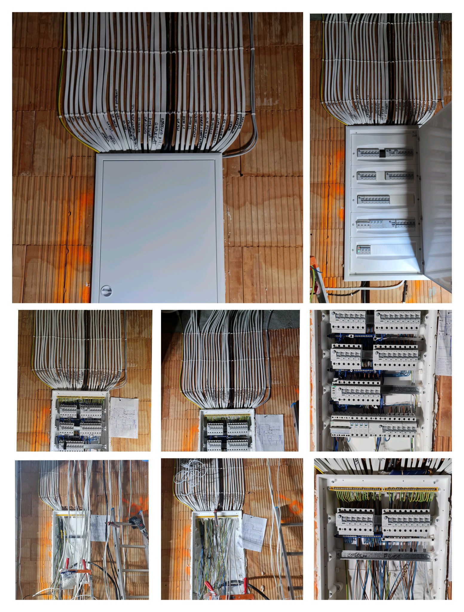 Rozdzielnia elektryczna w trakcie montażu: liczne przewody oznaczone etykietami, częściowo otwarty panel, ceglana ściana w tle. Widoczne narzędzia i schemat.