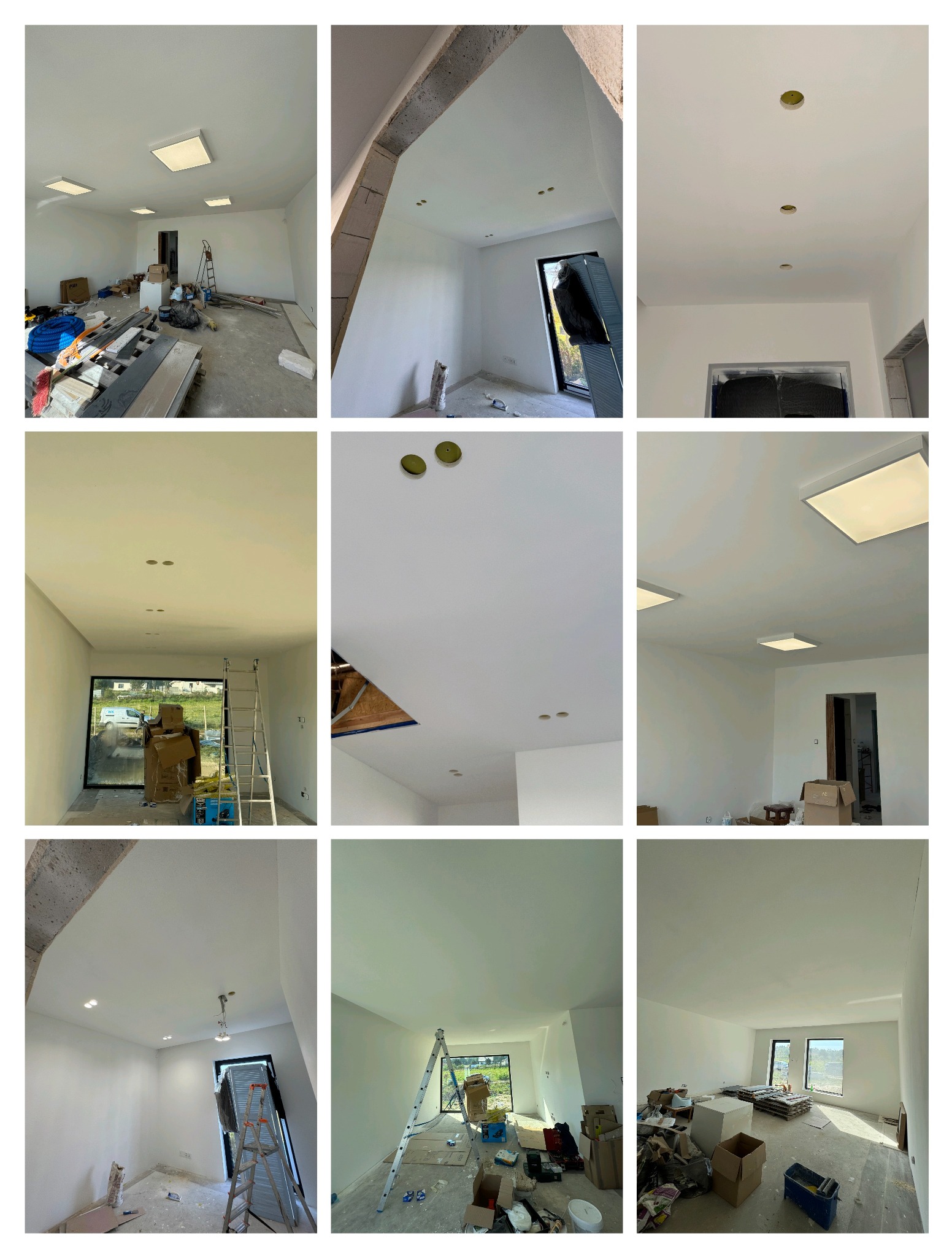 Kolaż zdjęć z montażu oświetlenia w nowym wnętrzu. Widoczne sufitowe lampy LED i otwory na halogeny. W tle okna i drabina. Ostatni etap prac wykończeniowych.