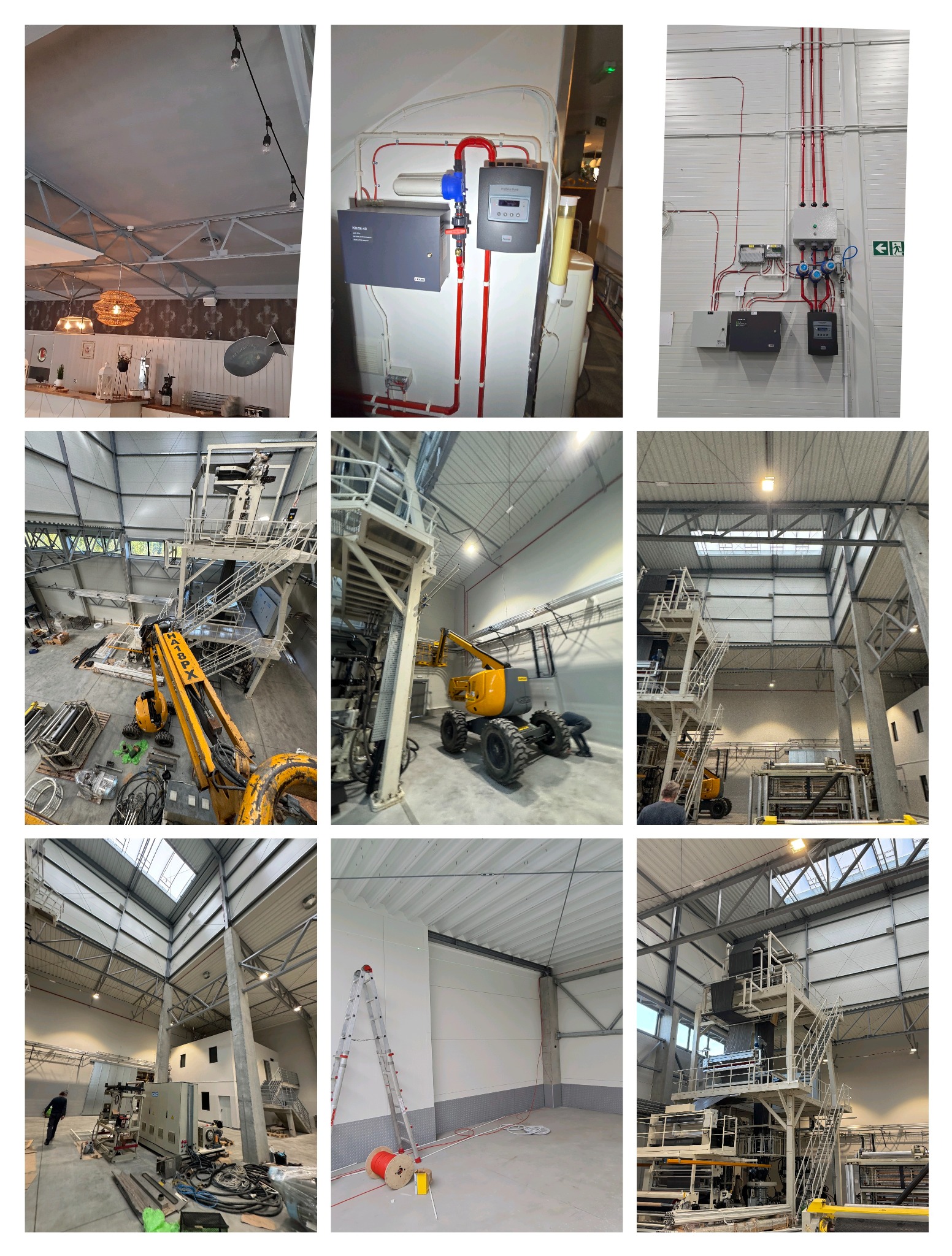 Różne ujęcia instalacji w hali: rury, urządzenia, okablowanie, maszyny produkcyjne, drabina, oświetlenie. Widok z dołu, perspektywa szerokokątna, surowy industrialny styl.