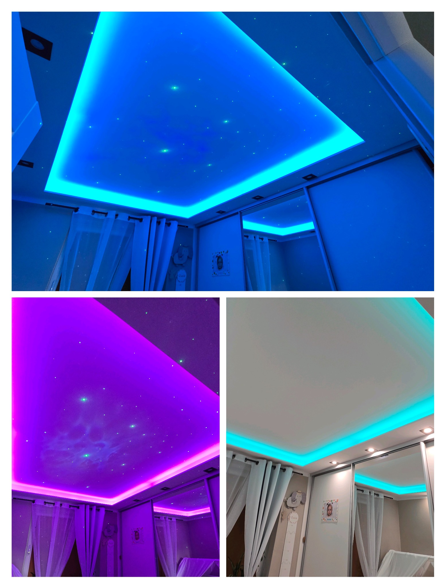 Podwieszany sufit z oświetleniem LED imitującym gwiazdy, w pokoju dziecięcym. Różne barwy światła: niebieska, fioletowa i turkusowa. Widoczne zasłony i szafa.
