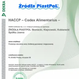 Certyfikat HACCP dla Źródła Piastpol, potwierdzający produkcję naturalnej wody źródlanej gazowanej i niegazowanej, wydany przez DEKRA Certification Sp. z o.o.