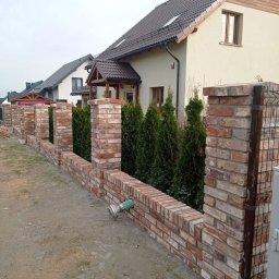 Build in Trust - Nowo wybudowany ceglany mur z filarami, z widoczną zieloną rurą odpływową i tujami w tle, na tle domów jednorodzinnych.