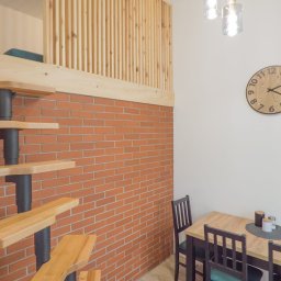 Build in Trust - Wnętrze z ceglaną ścianą, drewnianymi schodami spiralnymi i antresolą z drewnianą balustradą, oświetlone wiszącymi lampami i z drewnianym zegarem na ścianie.