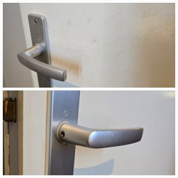 Easy Way Clean Magda Broniś - Porównanie dwóch klamek drzwiowych: górna lekko zabrudzona, dolna nowsza i czystsza, obie zamontowane na białych drzwiach.