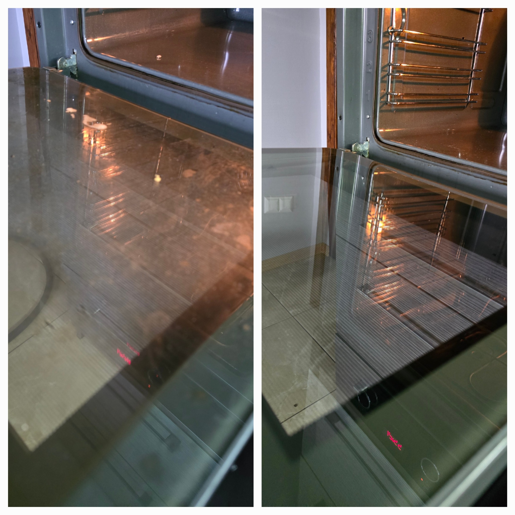 Porównanie wnętrza piekarnika przed i po czyszczeniu: po lewej brudny, z przypaleniami, po prawej czysty i lśniący, widoczne metalowe prowadnice i grzałki.