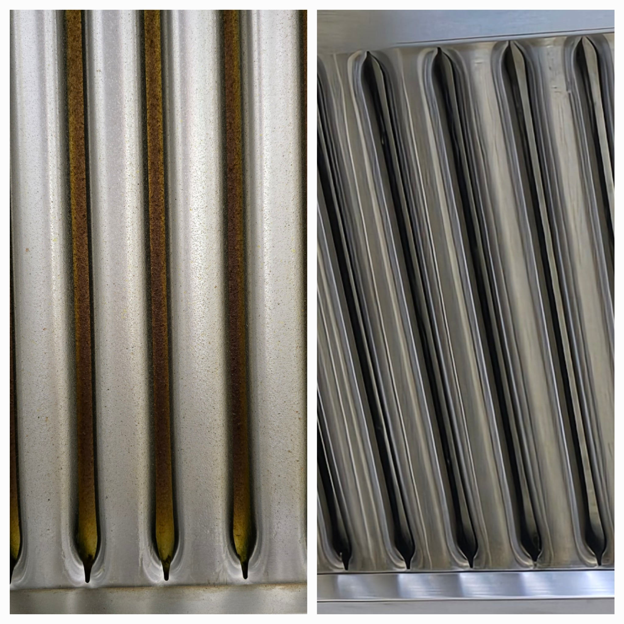 Porównanie filtrów okapu kuchennego przed i po czyszczeniu; po lewej stronie filtry brudne, z widocznym tłuszczem, po prawej stronie filtry czyste, błyszczące.