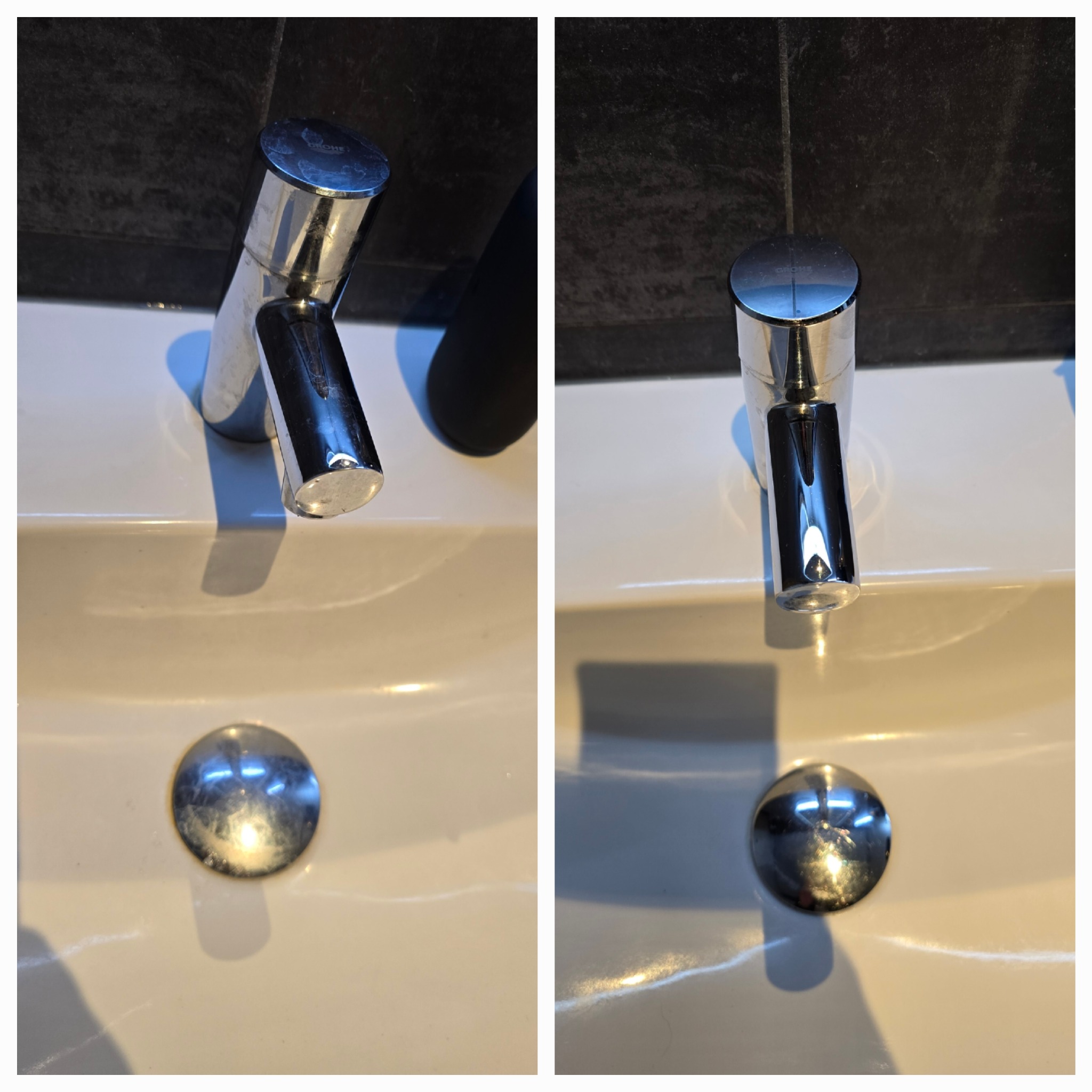 Porównanie umywalki przed i po czyszczeniu, widoczne różnice w połysku baterii Grohe i odpływu, ciemne płytki w tle.