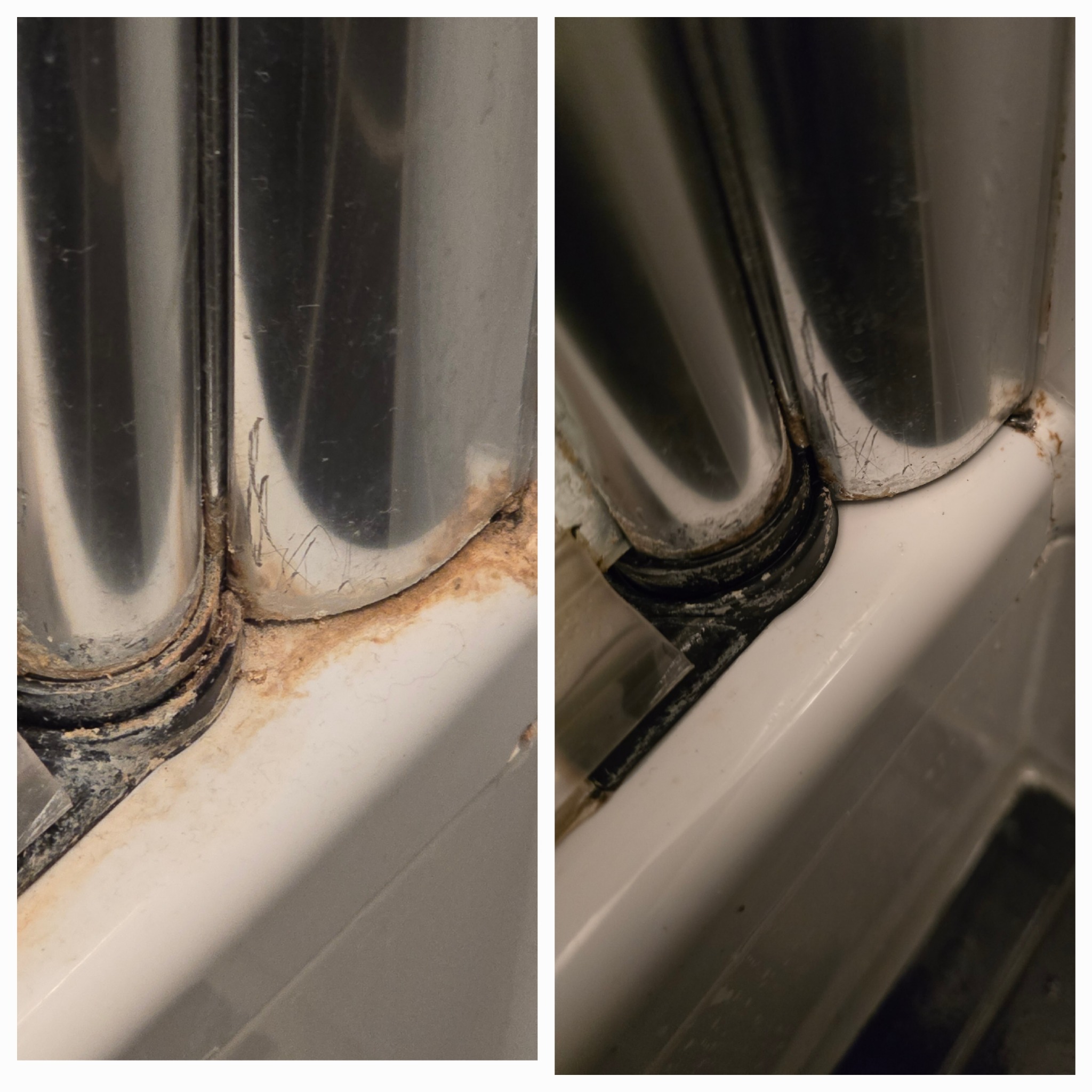 Porównanie stanu przed i po czyszczeniu: zagrzybiona, brudna fuga między chromowaną suszarką łazienkową a białą wanną, z widoczną różnicą po usunięciu zabrudzeń.