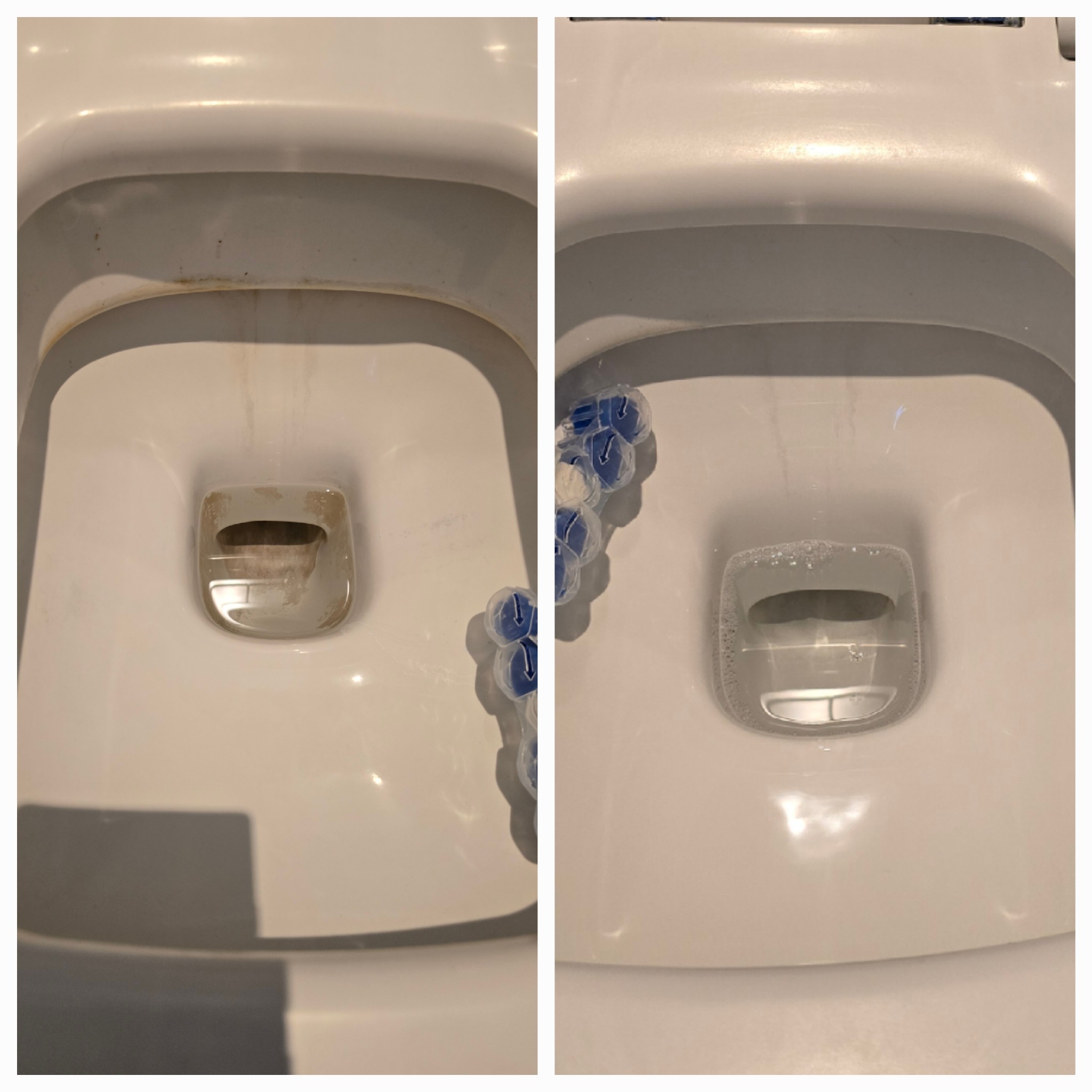 Porównanie toalety przed i po czyszczeniu; po lewej stronie widoczne zabrudzenia i osady, po prawej czysta toaleta z zawieszką odświeżającą i pianą.