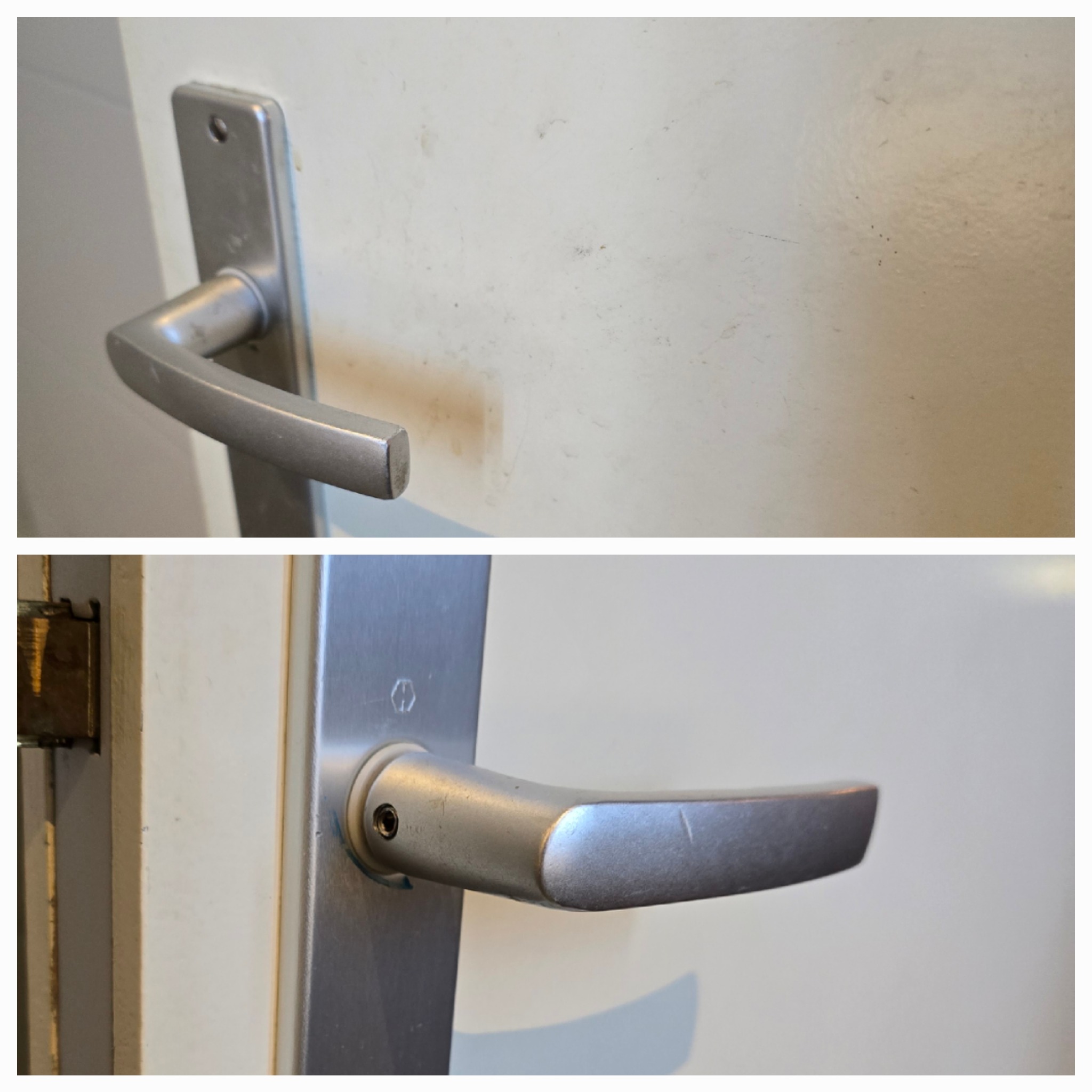 Porównanie dwóch klamek drzwiowych: górna lekko zabrudzona, dolna nowsza i czystsza, obie zamontowane na białych drzwiach.