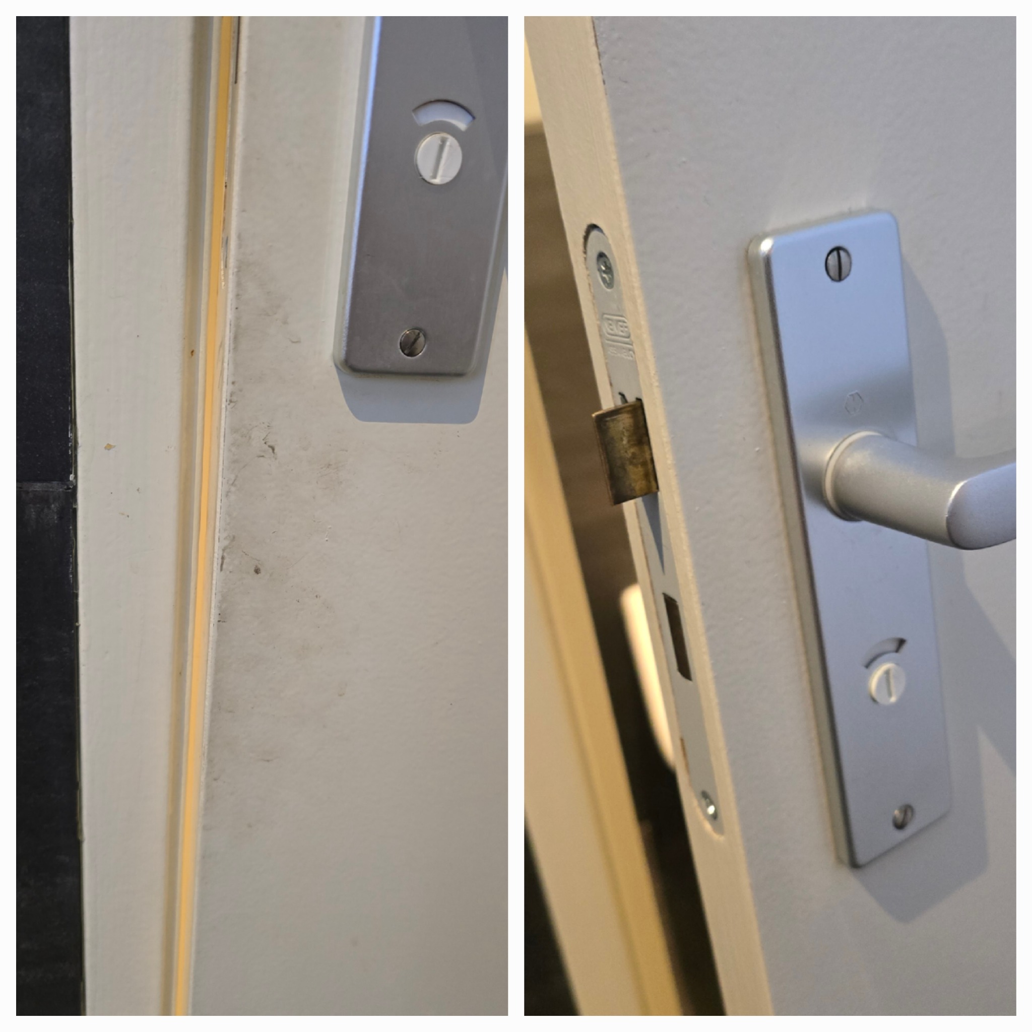Dwa ujęcia białych drzwi: z lewej strony zabrudzenia wzdłuż krawędzi ościeżnicy, z prawej klamka z zamkiem i widocznym mechanizmem.