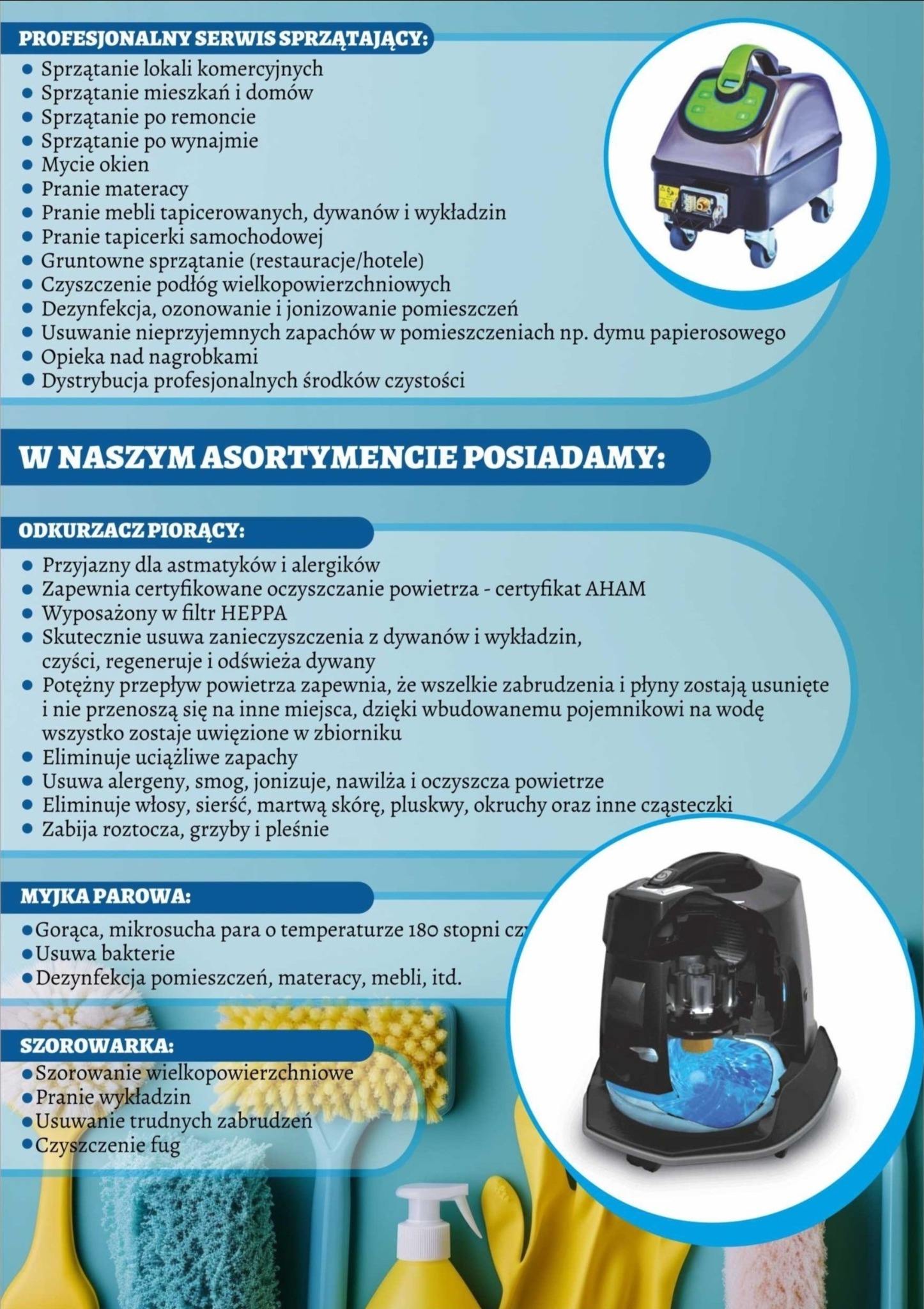 Ulotka reklamowa prezentująca ofertę firmy sprzątającej: odkurzacz piorący z filtrem HEPA, myjka parowa i szorowarka do wykładzin.