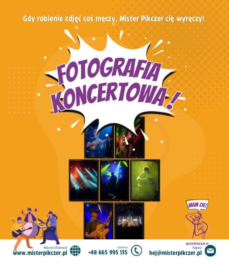 Żółto-pomarańczowa reklama fotografa koncertowego Mister Pikczer z kolażem zdjęć z koncertów, adresem strony internetowej i danymi kontaktowymi.