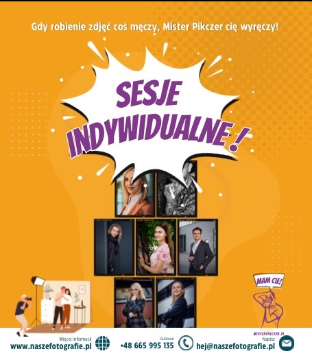 Żółty plakat reklamowy z napisem 'Sesje Indywidualne!' i kolażem portretów, adres strony internetowej i dane kontaktowe firmy fotograficznej.