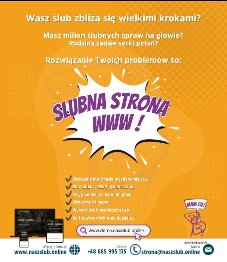 Grafika reklamowa strony internetowej ślubnej z hasłem 'Ślubna strona WWW!', listą korzyści, adresem www, numerem telefonu i ilustracją osoby robiącej zdjęcie.