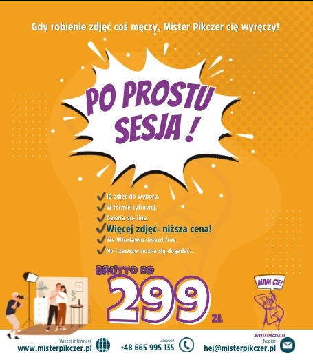 Grafika reklamowa fotografa Mister Pikczer oferującego sesje zdjęciowe, z informacją o 10 zdjęciach do wyboru, formie cyfrowej, galerii online, możliwości dokupienia większej ilości zdjęć w niższej...