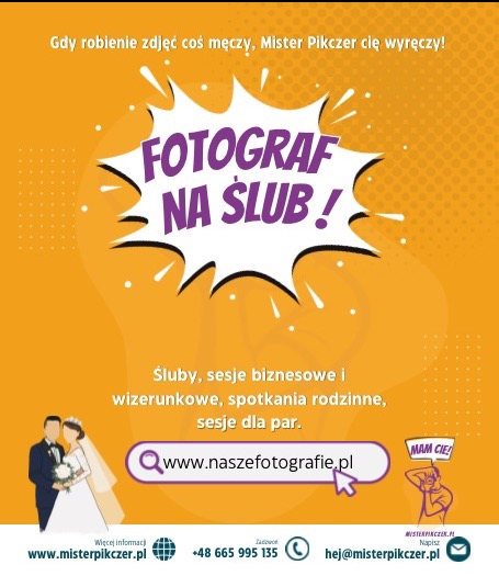 Żółte tło z komiksowym dymkiem z napisem 'FOTOGRAF NA ŚLUB!', ilustracja pary młodej oraz dane kontaktowe firmy fotograficznej Mister Pikczer.