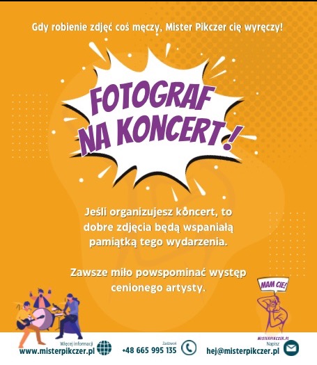 Grafika reklamowa fotografa koncertowego Mister Pikczer na pomarańczowym tle z rysunkową eksplozją i hasłem 'Fotograf na koncert!'.