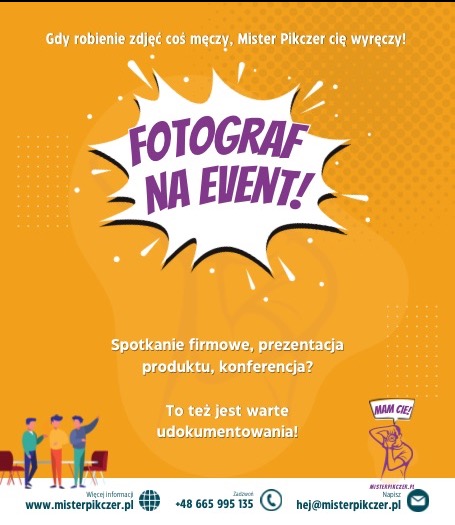 Grafika reklamowa fotografa eventowego: żółte tło, komiksowy dymek z napisem 'Fotograf na event!', ilustracje ludzi i ikon kontaktowych.
