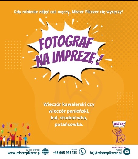 Grafika reklamowa fotografa na imprezy: dynamiczny napis 'Fotograf na imprezę!' w komiksowym dymku, ilustracja świętujących postaci i informacje kontaktowe Mister Pikczer na pomarańczowym tle.