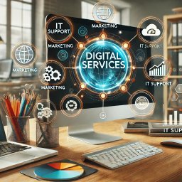 Code Wave Solutions - Biurko z komputerem wyświetlającym graficzne ikony usług cyfrowych, laptopem z wykresem wzrostu, wizytówką i przybornikiem na długopisy, w tle mężczyzna w garniturze i regał z segregatorami.